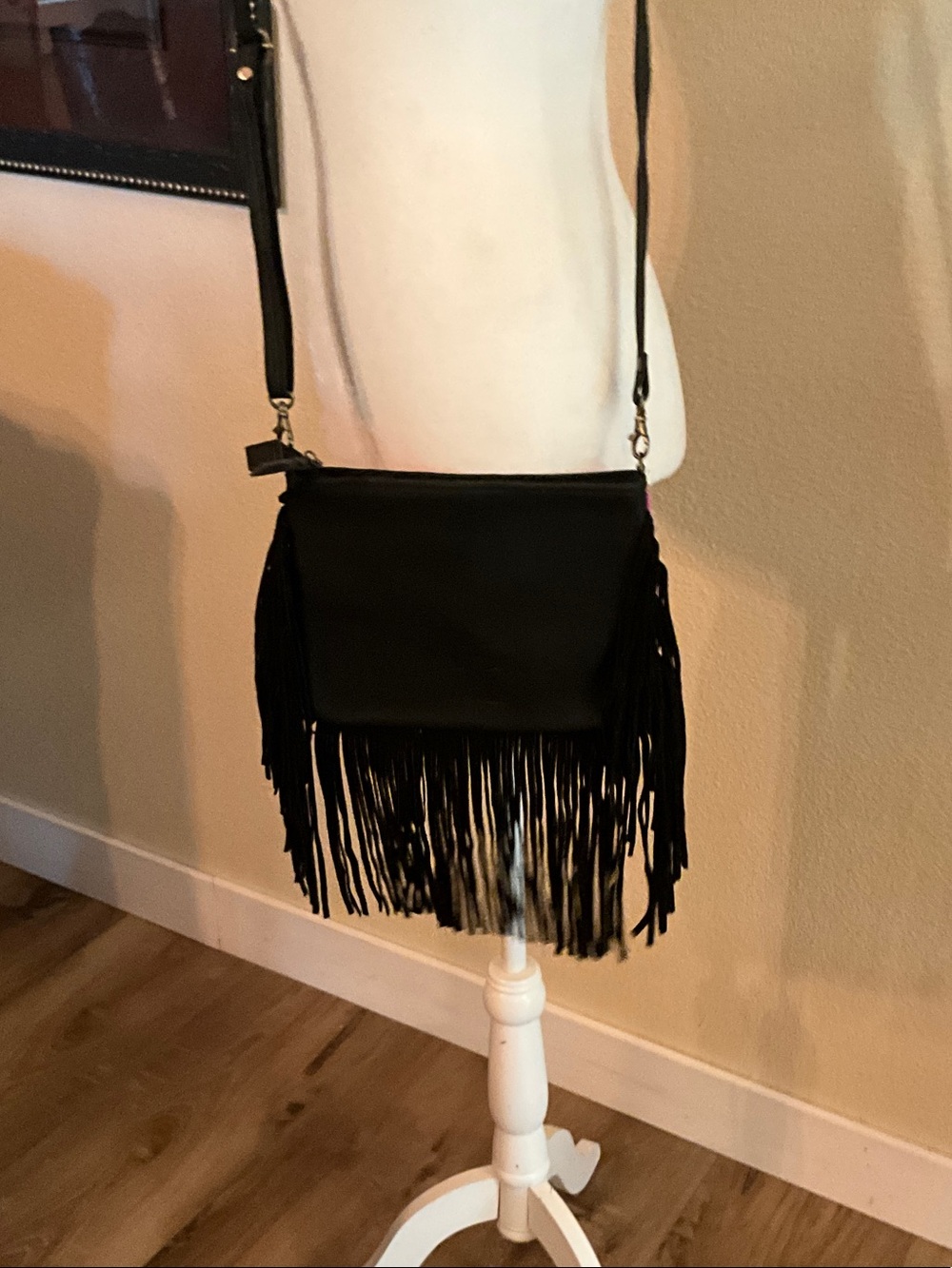 Hot Pink Fringe Crossbody Bag with Gold Foil Accents - Picture 3 of 6